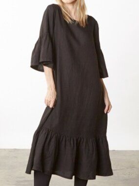 Bryn Walker 100% Linen Black Flounce Ruffle Maxi Dress L